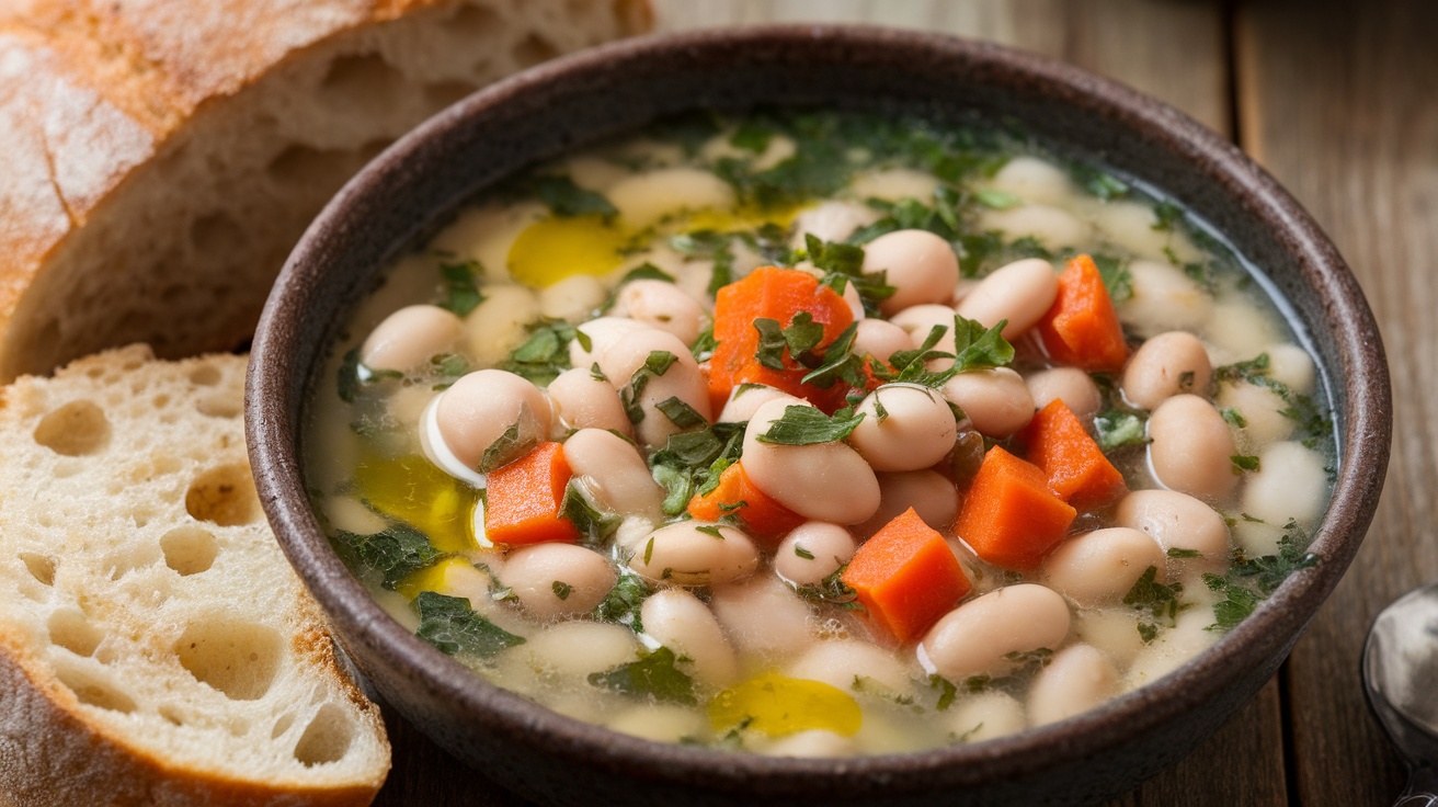 A warm bowl of Tuscan White Bean Soup with white beans, carrots, and herbs, served with bread on a wooden table.